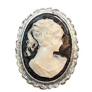 Vintage Cameo Brooch Oval Silver & Black Pin